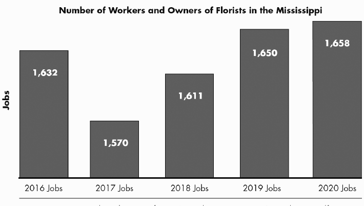 Graph of Number of workers and owners of florists in Mississippi. Image description in text.