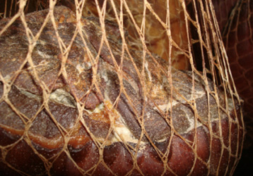 A ham in a hanging net with tiny, white dots that are mites.