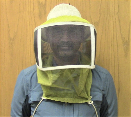 A person wearing a hat with a screen veil over their face and a net portion down over their neck.