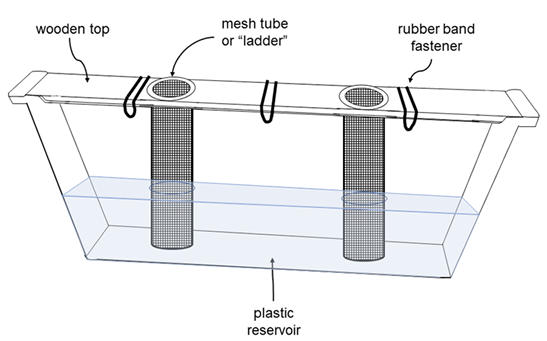 Diagram of a division board feeder with labels for the wooden top, mesh tube "ladders," rubber band fasteners, and the plastic reservoir, all described in the caption.