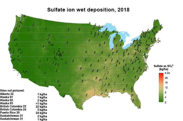 A map of the United States depicting sulfur deposition on soils in 2018. The majority of the country had little sulfur deposition. The eastern part of the country had more moderate amounts of sulfur deposition, but still significantly less than in 1998.