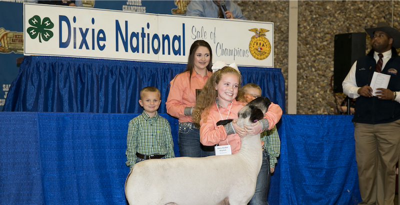 Young girl shows off her prize competition animal with several other particpants in the background.