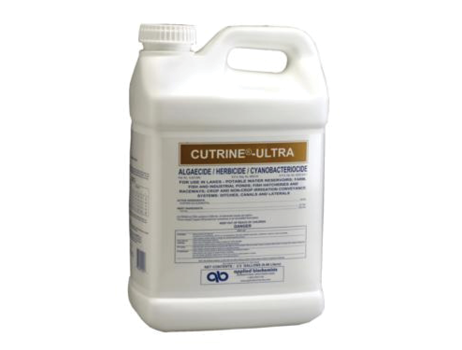 A container of Cutrine-Ultra algaecide/herbicide/cyanobacteriocide.
