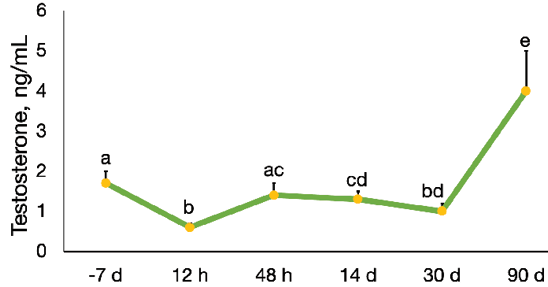 Line chart indicating the falling and rising testosterone level after a horse received a unilateral orchiectomy procedure.