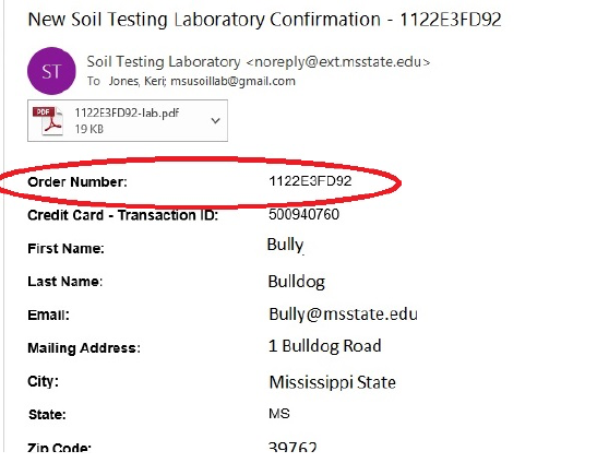 Sample confirmation with order number circled in red.
