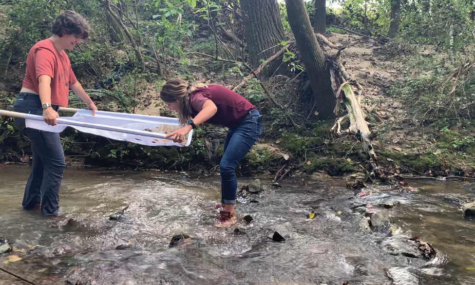 Two people in a creek hold a large net and examine debris from the water.