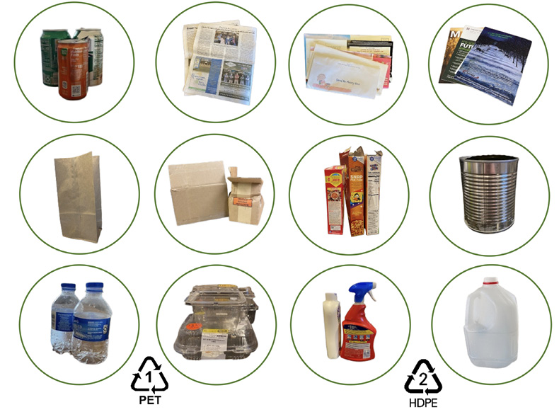 Materials usually accepted by local programs include soda cans, newspaper, mail, magazines, brown paper bags, cardboard, cereal and similar boxes, aluminum cans, plastics with the 1/PET symbol (like disposable water bottles and grocery bakery containers), and plastics with the 2/HDPE symbol (like household cleaner bottles and milk jugs).