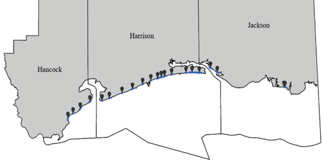 Map of Mississippi Gulf Coast counties and beach monitoring station locations. Hancock and Jackson Counties each have four stations, and Harrison County has 13.