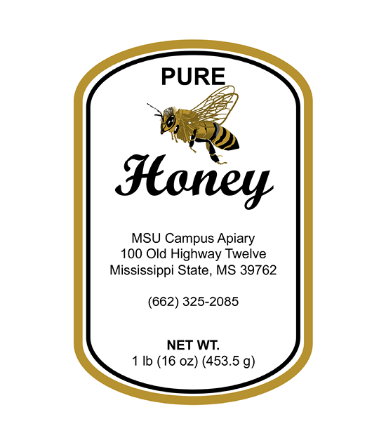 An example honey label for a brand called Pure Honey. The label includes the address and phone number of the company, and the net weight of the product (1 pound/16 ounces/453.5 grams).
