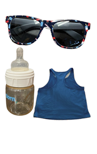 Sunglasses, a baby bottle, and a tank top.