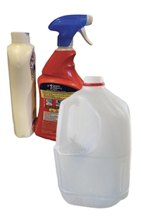 Milk jug, shampoo bottle, and cleaner spray bottle.