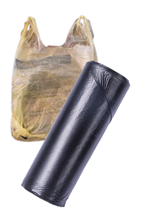 A plastic grocery bag and a roll of plastic bags.