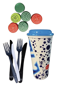 Soda bottle caps, plastic cutlery, and a reusable plastic cup with lid.