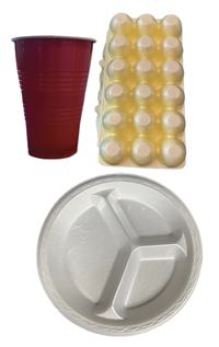 Red plastic cup, styrofoam plate, and styrofoam egg carton.
