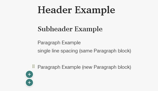Content block displaying header, subheader, and paragraph text style examples.