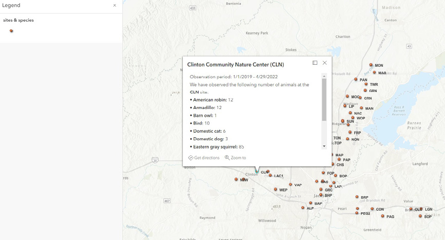 Map displaying advanced site data including observation period and number of each type of animal at the site.