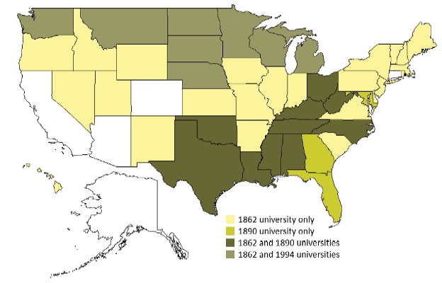 A color-coded map showing the states that offer economic and community development programming through at least one land-grant instutituion. Dark green states have 1862 and 1890 universities, olive green states have 1862 and 1994 universities, lime green states have an 1890 university only, and the yellow states have an 1862 university only. Five states that do not fall under any of the categories are in white: Alaska, California, Arizona, Colorado, and Connecticut. See paragraph three under the heading Around the United States.