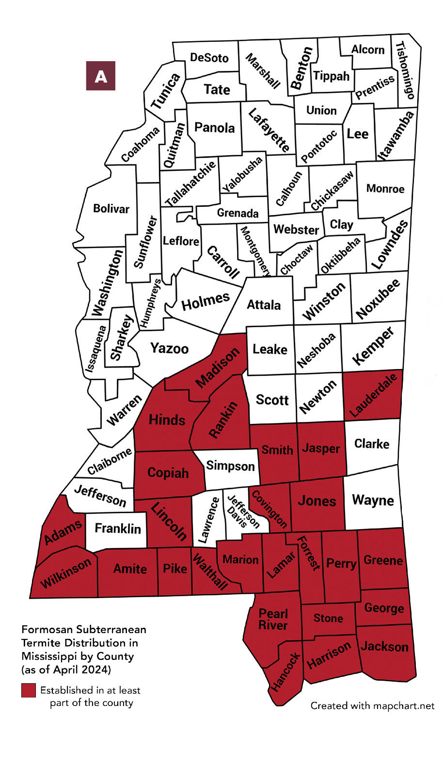 Formosan subterranean termite distribution by county as of April 2024. Established (in at least part of the county): Adams, Wilkinson, Amite, Madison, Hinds, Rankin, Copiah, Lincoln, Pike, Walthall, Marion, Smith, Jasper, Covington, Jones, Lauderdale, Lamar, Forrest, Perry, Greene, Pearl River, Stone, George, Hancock, Harrison, Jackson. 