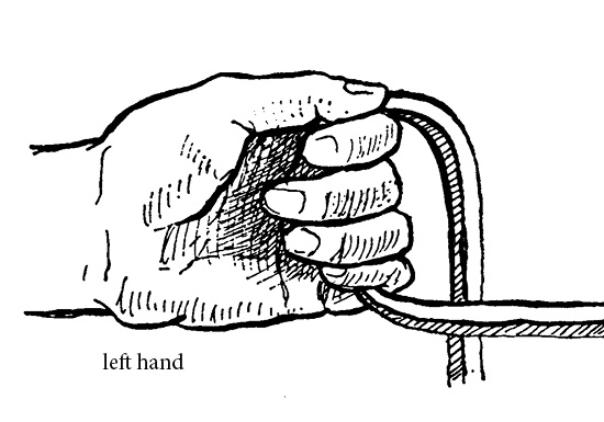 Drawing of a hand holding reins. The hand is held with thumb on top and rein coming from the horse, under the person's fingers, and out between the first finger and thumb, which rests on the top of the rein.