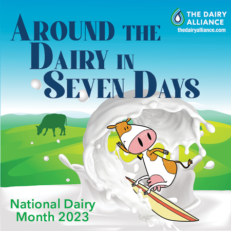 Around the Dairy in Seven Days graphic with a cartoon cow surfing a wave of milk.