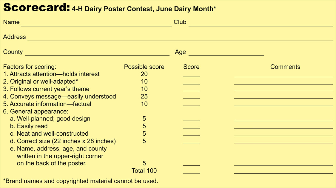 Sample scorecard for the 4-H Dairy Poster contest. Factors for scoring are as follows:Attracts attention—holds interest (possible score 20)Original or well-adapted (Brand names and copyrighted material cannot be used.) (possible score 10)Follows theme—Dairy Potter (possible score 10)Conveys message—easily understood (possible score 25)Accurate information—factual (possible score 10)General appearance:Well-planned; good design (possible score 5)Easily read (possible score 5)Neat and well-constructed (possible score 5)Correct size (22 inches x 28 inches) (possible score 5)Name, address, age, and county written in the upper-right corner on the back of the poster (possible score 5)Total possible score 100*Brand names and copyrighted material cannot be used.