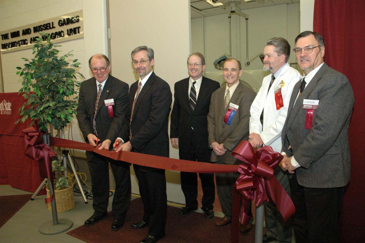 Pictured at the ribbon cutting ceremony, from left, are Dr. Gregg Boring, interim CVM dean; Russell Gaines, donor; Dr. Colin Scanes, CVM vice president for research and graduate studies; Dr. Lee Tyner, director of the Animal Health Center; Dr. Dan Cantwell, chief of diagnostic imaging services; and Dr. Robert Cooper, associate dean for academic affairs.