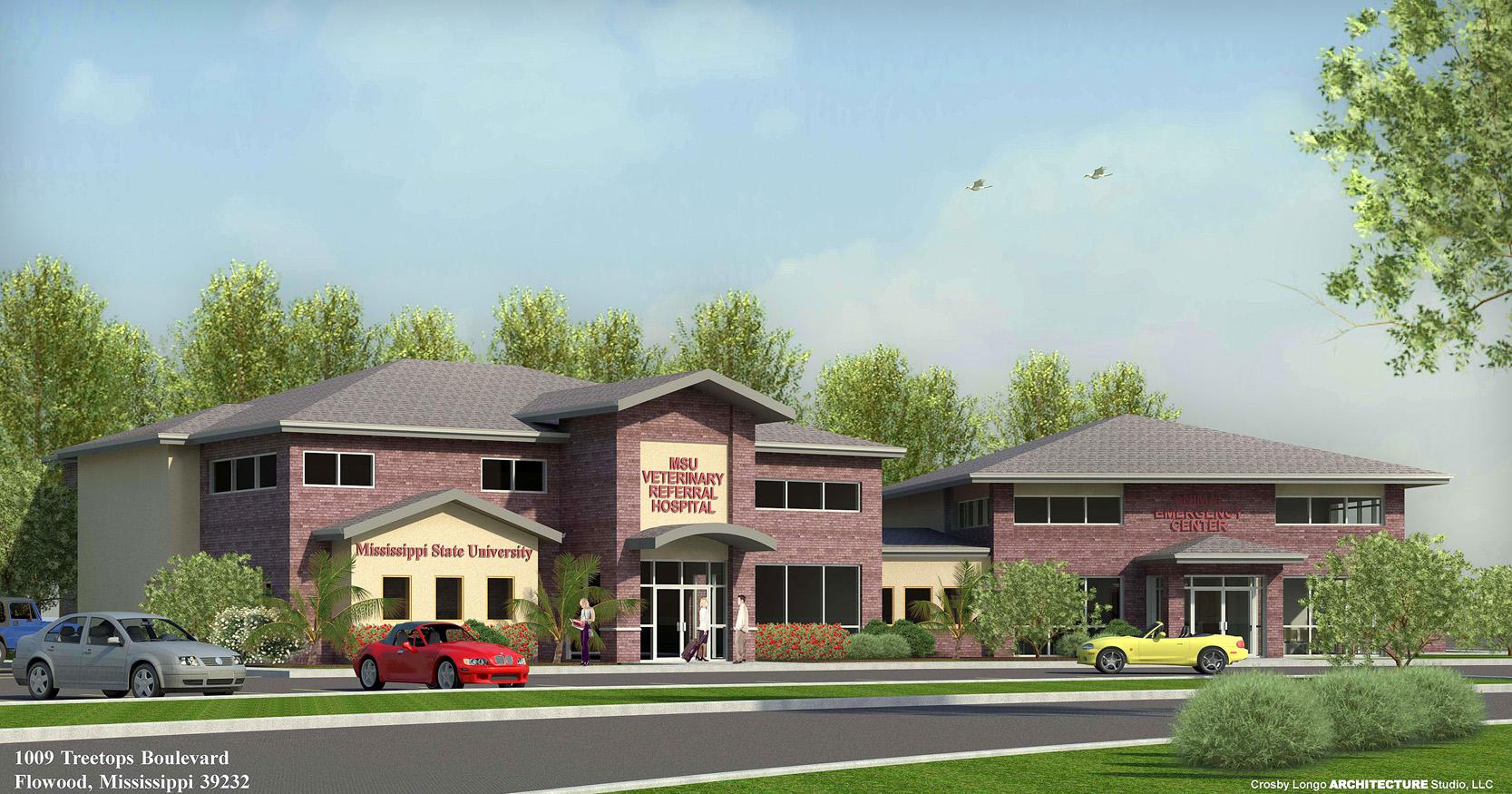 This architectural drawing represents the future veterinary complex in Flowood that will house the Animal Emergency Clinic and the College of Veterinary Medicine Referral Services Clinic. (Drawing by Crosby Longo Architecture Studio of Lafayette/New Orleans, La.)