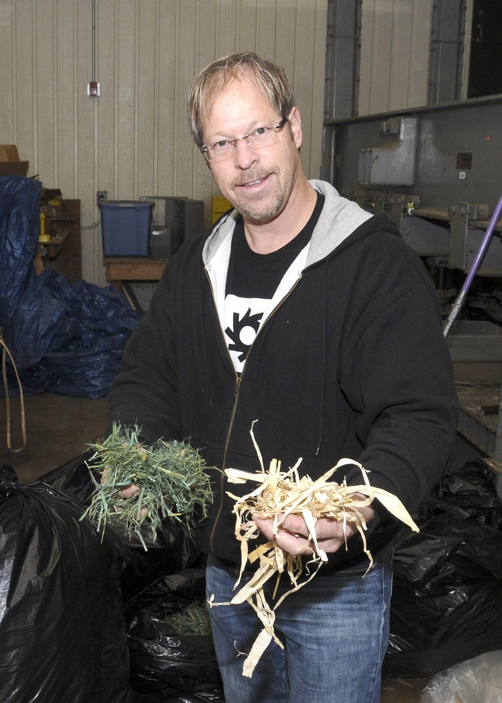 Lane Segerstrom brought corn and specially dyed kenaf fibers to Mississippi State University for research to develop stronger pressed board products for his company, Corn Board Manufacturing Inc.