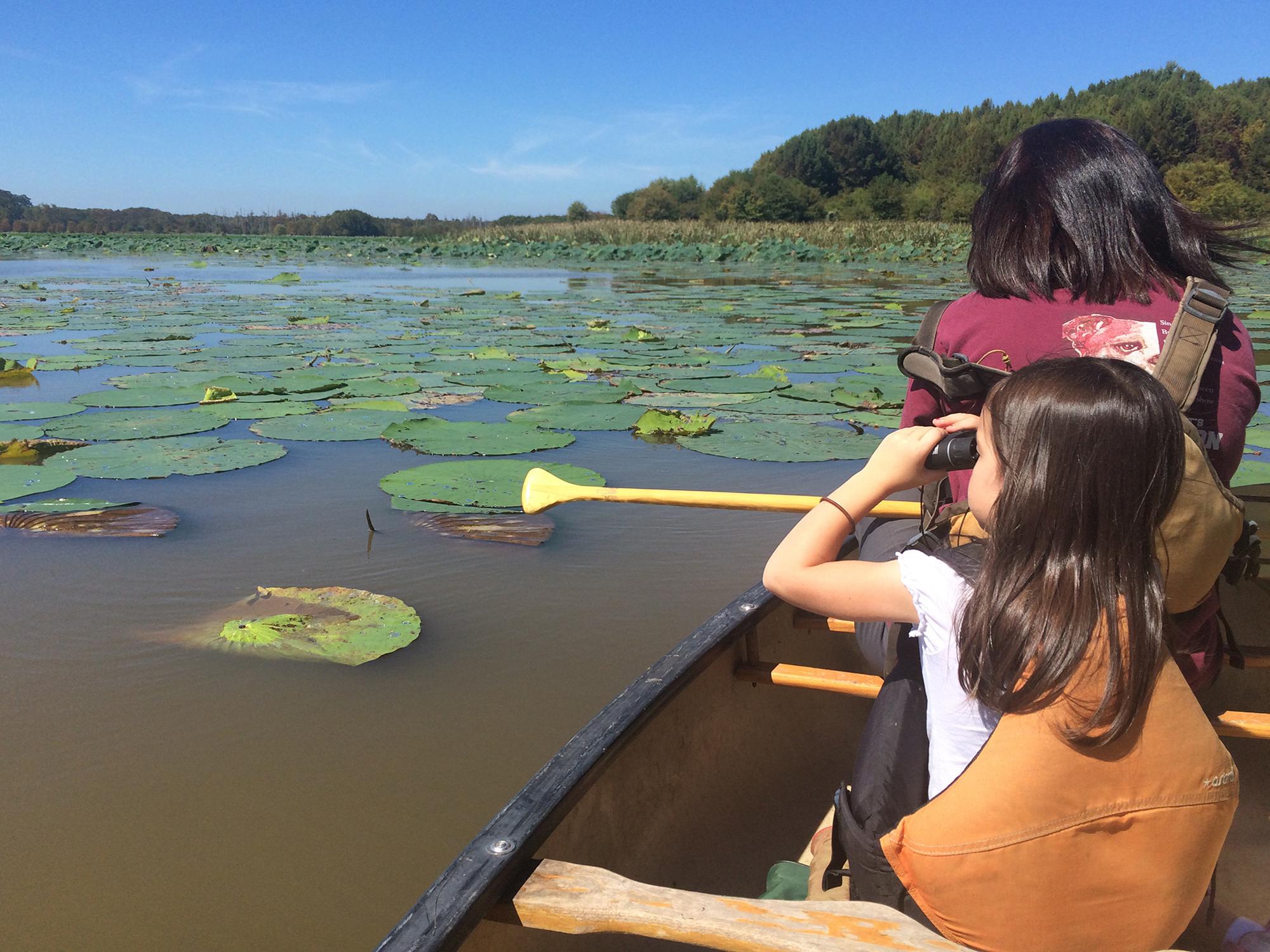 Simply taking children outside will open their eyes and hearts to the outdoors. While canoeing with adults on Bluff Lake in Noxubee County, Mississippi, this child searched for alligators and birds with her binoculars. (Photo by MSU Extension Service/Evan O’Donnell)