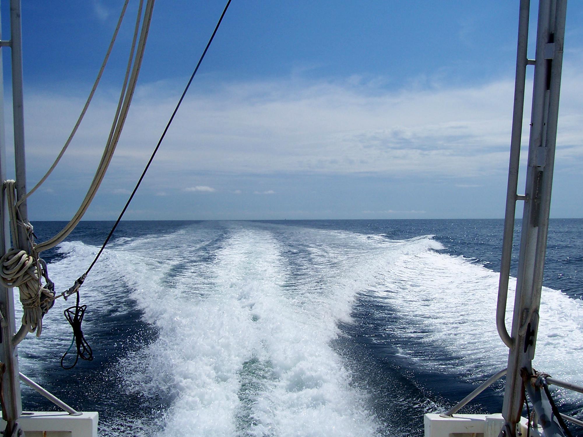 White V-shaped waves trail behind a boat on a sea of blue.