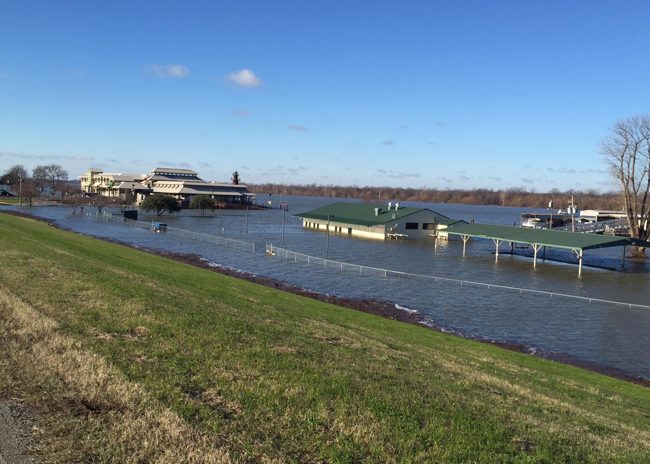 The Mississippi River set flood records in January at Greenville and points south. The flooded Greenville Yacht Club and a casino in the background are seen in this January 10, 2016, photo. (Submitted Photo by Mississippi Levee Board/Peter Nimrod)