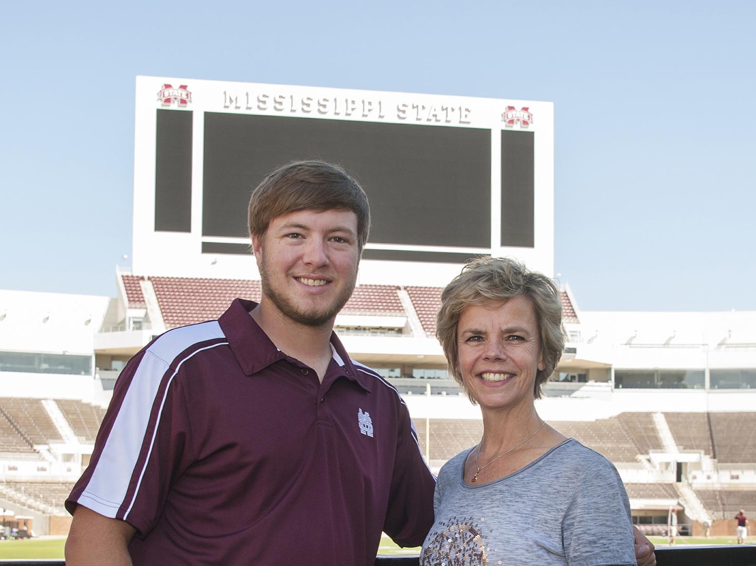 Marjan de Regt, right, a Washington County row crop farmer from the Netherlands, visits her son, Skyler, an agribusiness major at Mississippi State University. (Photo by MSU Extension Service/Kat Lawrence)
