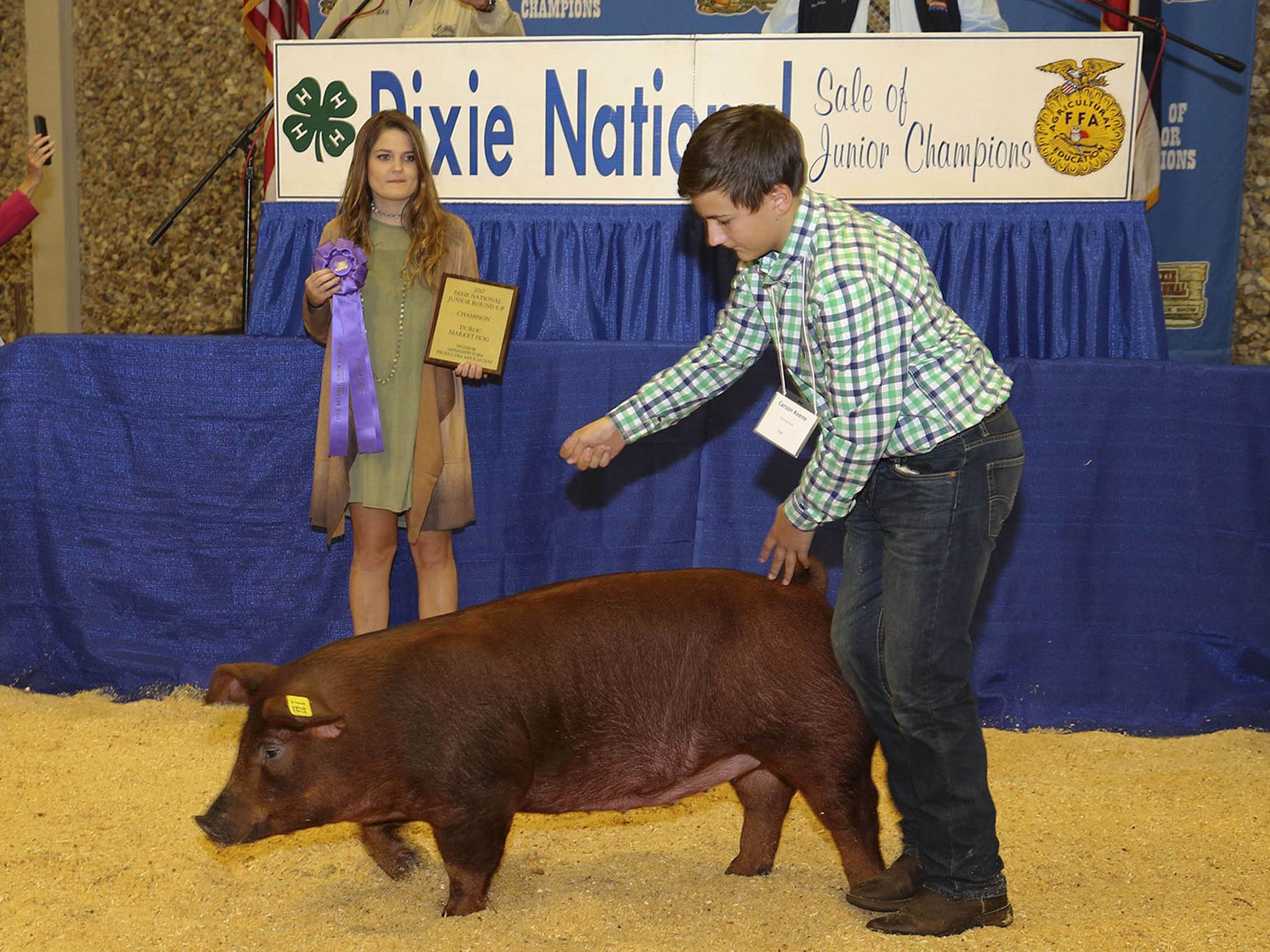 Twelve-year-old Carson Keene shows off his champion Duroc hog for bidders at the 2017 Dixie National Sale of Junior Champions Feb. 9, 2017, as his stepsister, Alexandra Pittman, looks on. (Photo courtesy of Jeff L. Homan)