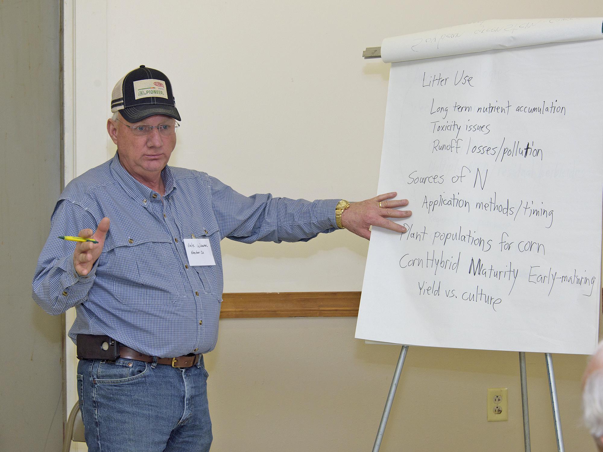 Dale Weaver of Noxubee County leads the grain crops discussion at the Producer Advisory Council meeting in Verona, Mississippi, on Feb. 16, 2017. Mississippi State University Extension Service and the Mississippi Agricultural and Forestry Experiment Station host the annual meeting. (Photo by MSU Extension Service/Kevin Hudson)