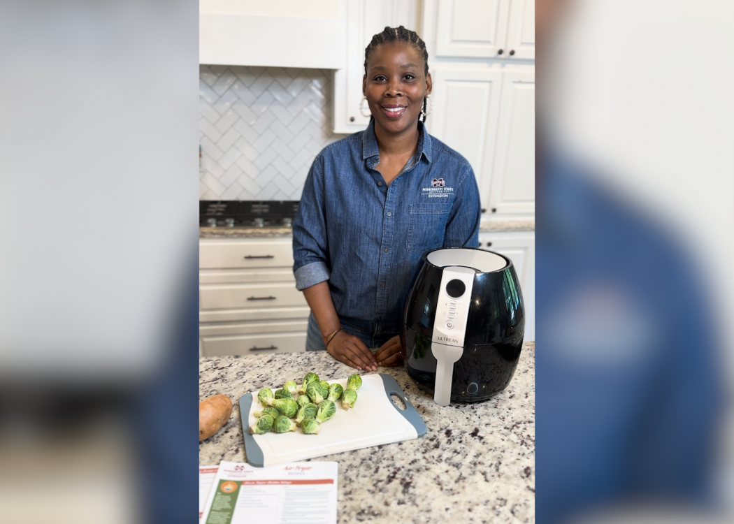 A woman in a kitchen with an air fryer.