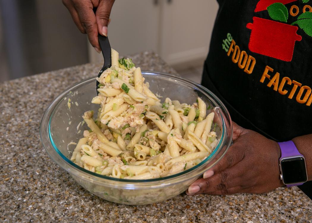 A closeup of California Chicken Pasta Salad in a bowl.