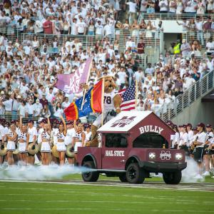 Mississippi State University mascot Bully rides in a car carting his dog house across the football field.