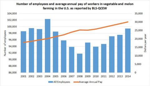 This graph shows the number of employees and average annual pay of workers in vegetable and melon farming in the U.S. as reported by BLS-QCEW.
