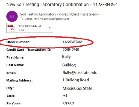 Sample confirmation with order number circled in red.