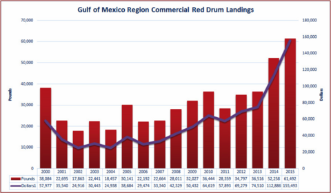 Fig. 2. Annual commercial red drum landings in the Gulf of Mexico Region. Source: NOAA Fisheries (http://www.st.nmfs.noaa.gov/).