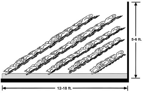 Figure 4. Side view of compost at an angle in an alleyway composter. Width may be 12–18 feet and height should not exceed 5–6 feet. A concrete slab is at the lowermost level. Leave 6–8 inches of space between bird carcasses and the sidewalls on all sides.