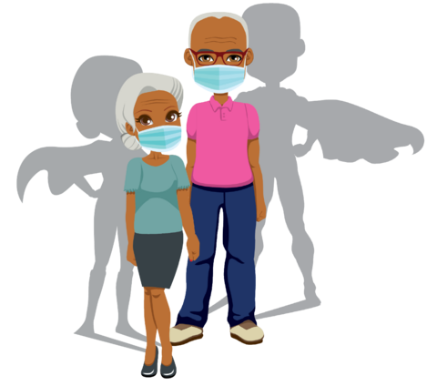 grandparent couple with PPE masks and superhero shadows.