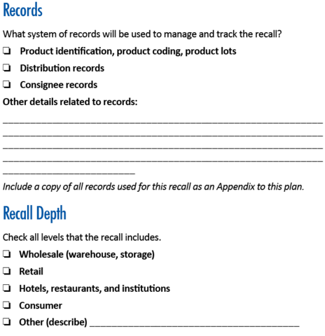 Sample document for planning for a recall. Includes information on record-keeping and recall depth.