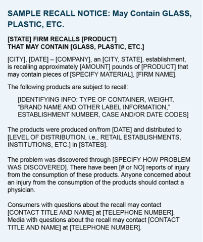 Sample fill-in recall notice for a contamination event.