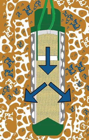 Diagram of a sensor releasing water. Arrows indicate the water flows from the top of the sensor and exits from the sides back into the soil.