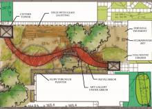 The Design Week 2013 winning plan focused on connecting the interior courtyard space by an undulating, red-painted, arbor-covered bridge. (Illustration provided by MSU Landscape Architecture)