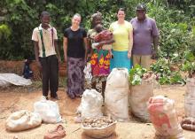 Farmers in Ghana grow cassava and often sell it roadside. Mississippi State University student Alyssa Barrett and professor Laura Lemons worked with an agricultural education program aimed at improving the knowledge of these farmers. From left, local farmers are pictured with Lemons (black shirt), Barrett (yellow shirt) and Mike Oye (hat), the Nigerian professor who developed and delivered the program. (Submitted Photo)