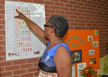 Pastor Detra Bishop reviews health progress on a participant chart in the John Wesley Health Education Center in Durant, Mississippi, on July 25, 2014. (Photo by MSU Ag Communications/Linda Breazeale)
