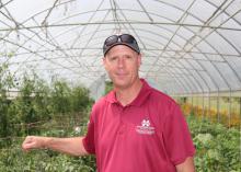Man in a maroon shirt and baseball cap in a greenhouse.
