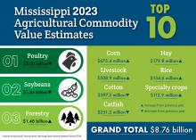 A photo illustration showing the top 10 producing agricultural commodities in Mississippi in 2023.